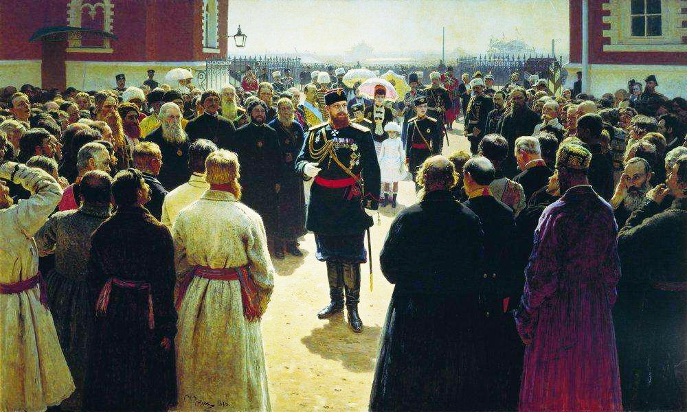 Репин И. Е.  Прием волостных старшин императором Александром III во дворе Петровского дворца в Москве